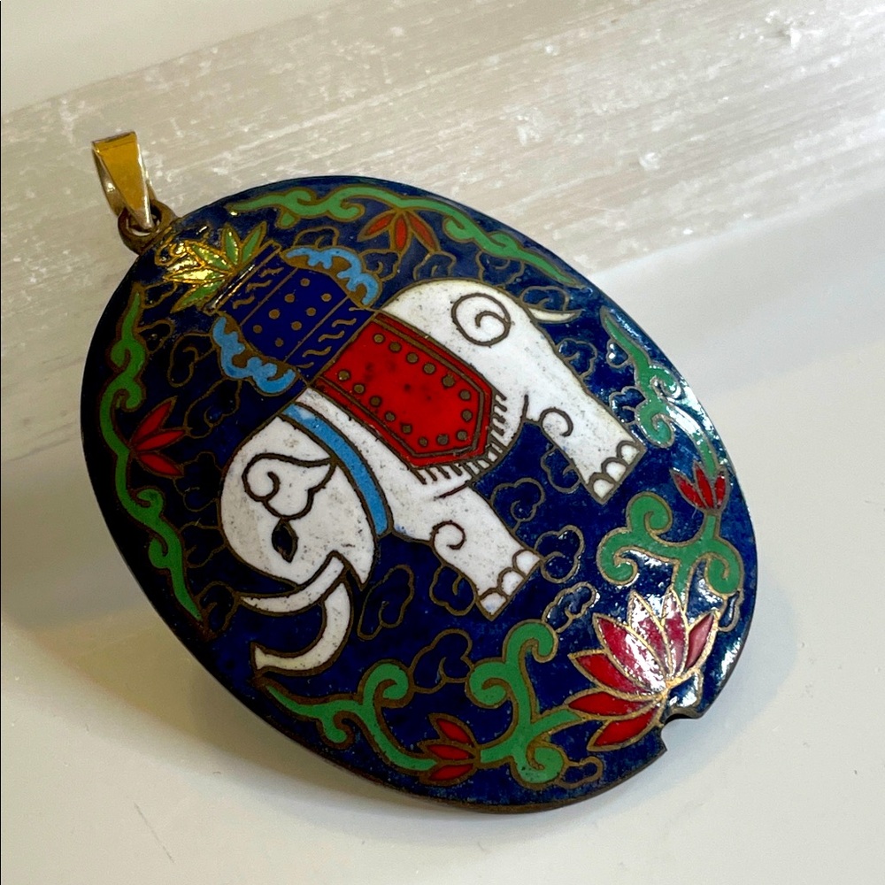 Vintage Chinese Puffed Cloisonne Enamel Two Sided Raised Trunk Elephant Pendent
